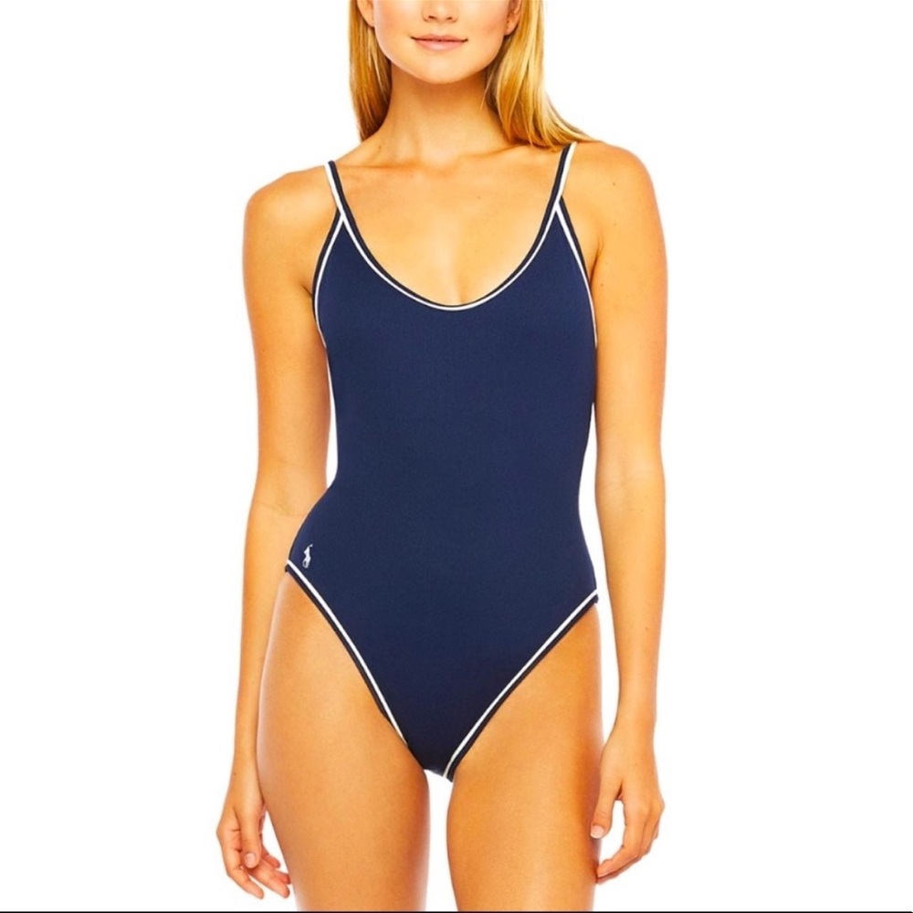 POLO RALPH LAUREN Navy Blue & White Nautical Ribbed One-Piece Swim Suit XXL NEW